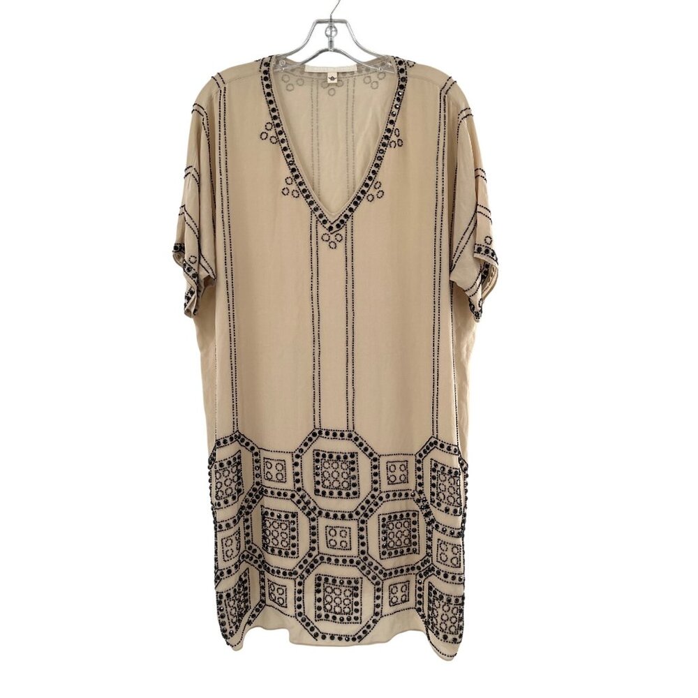 Burning Torch Beaded Silk‎ Tunic Dress Beige/Black Onyx V-Neck  Womens Size P